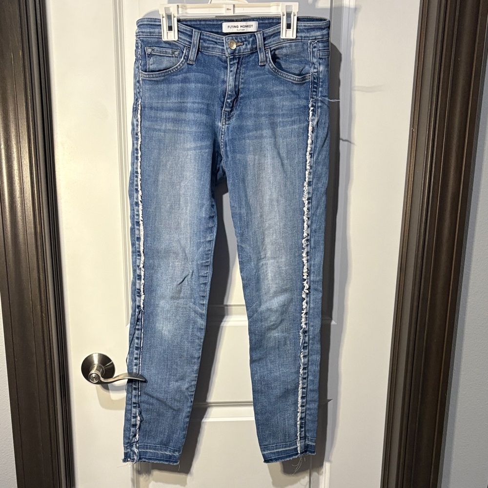 Flying Monkey Light Blue Frayed-Trim Cropped Jeans